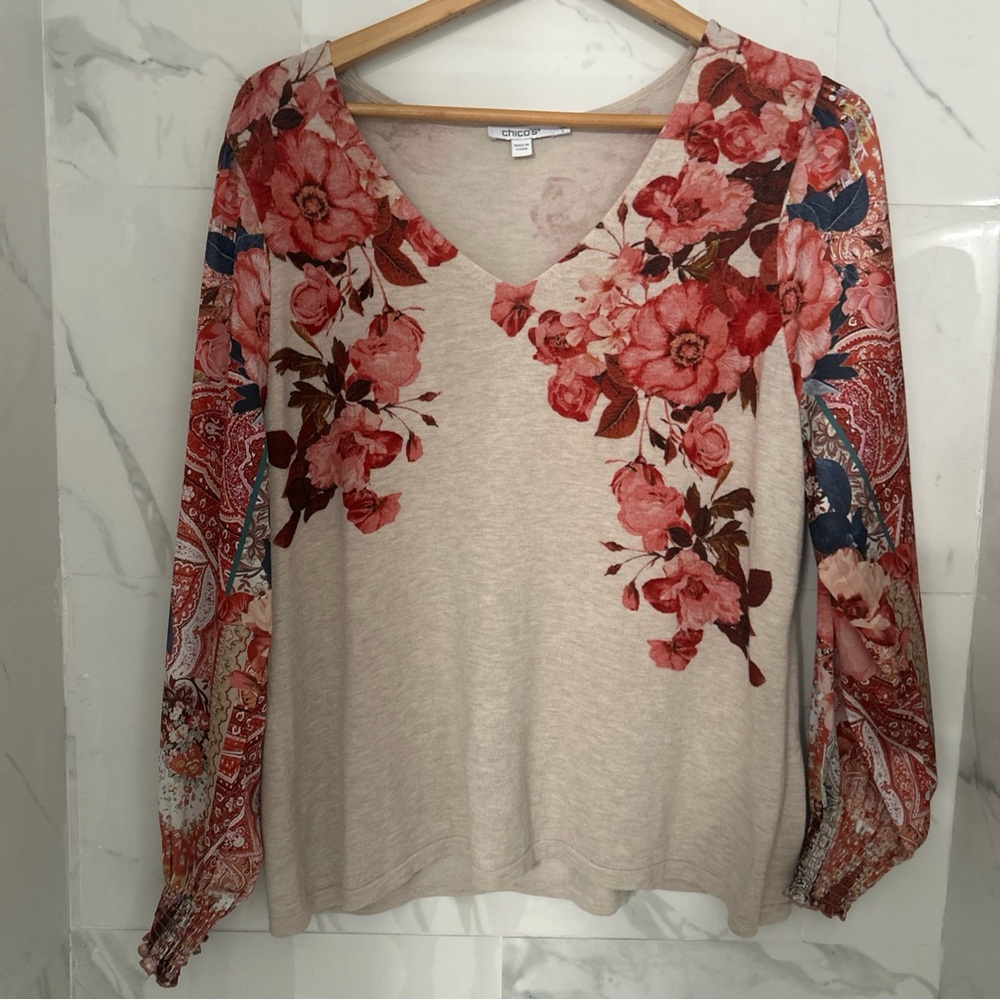 Chico's Cream V-Neck Long Sleeve Top with Pink Floral Print 2 L